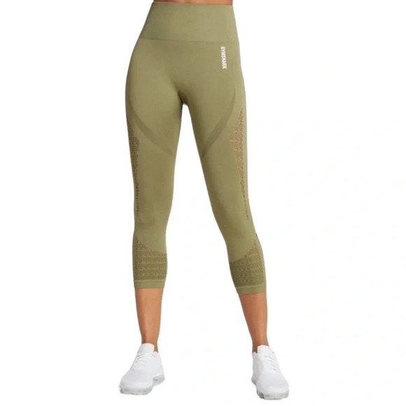 GYMSHARK Energy Seamless Cropped Green Mesh Panel Athletic Workout Gym Leggings - Picture 7 of 10